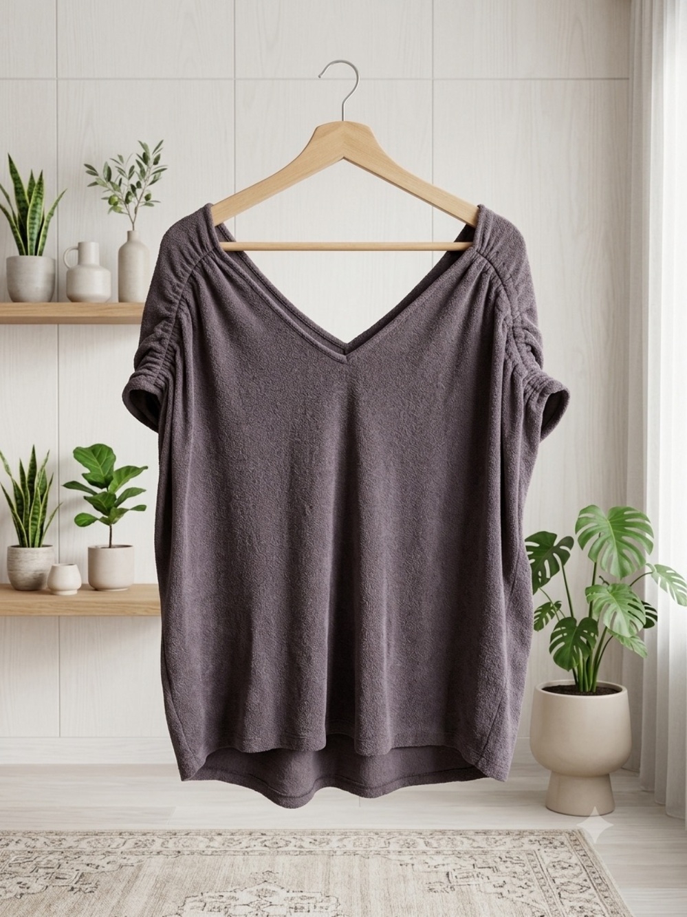 Pleione XL Soft Textured V-Neck Blouse Ruched Sleeve Charcoal Puce Grey